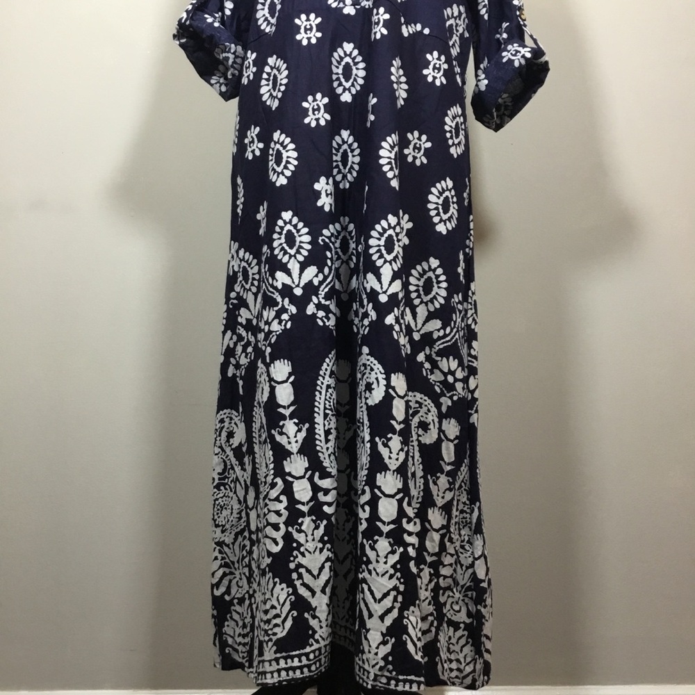 Mlle Gabrielle Navy blue paisley 100% cotton long dress like new button top sz L - Picture 3 of 8